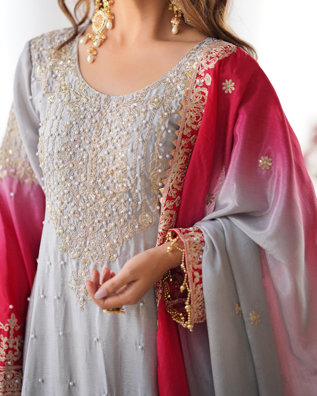 Women's Chinon Silk Embroidered Palazzo Set with Dupatta