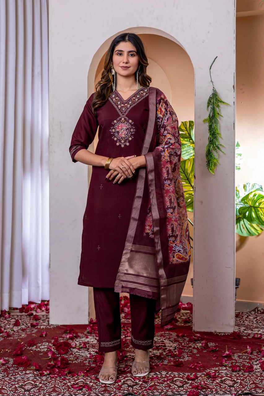Women's Marina Viscose Silk Straight Kurti Pant Dupatta Set with Multi Embroidery Thread Work & Chanderi Silk Dupatta