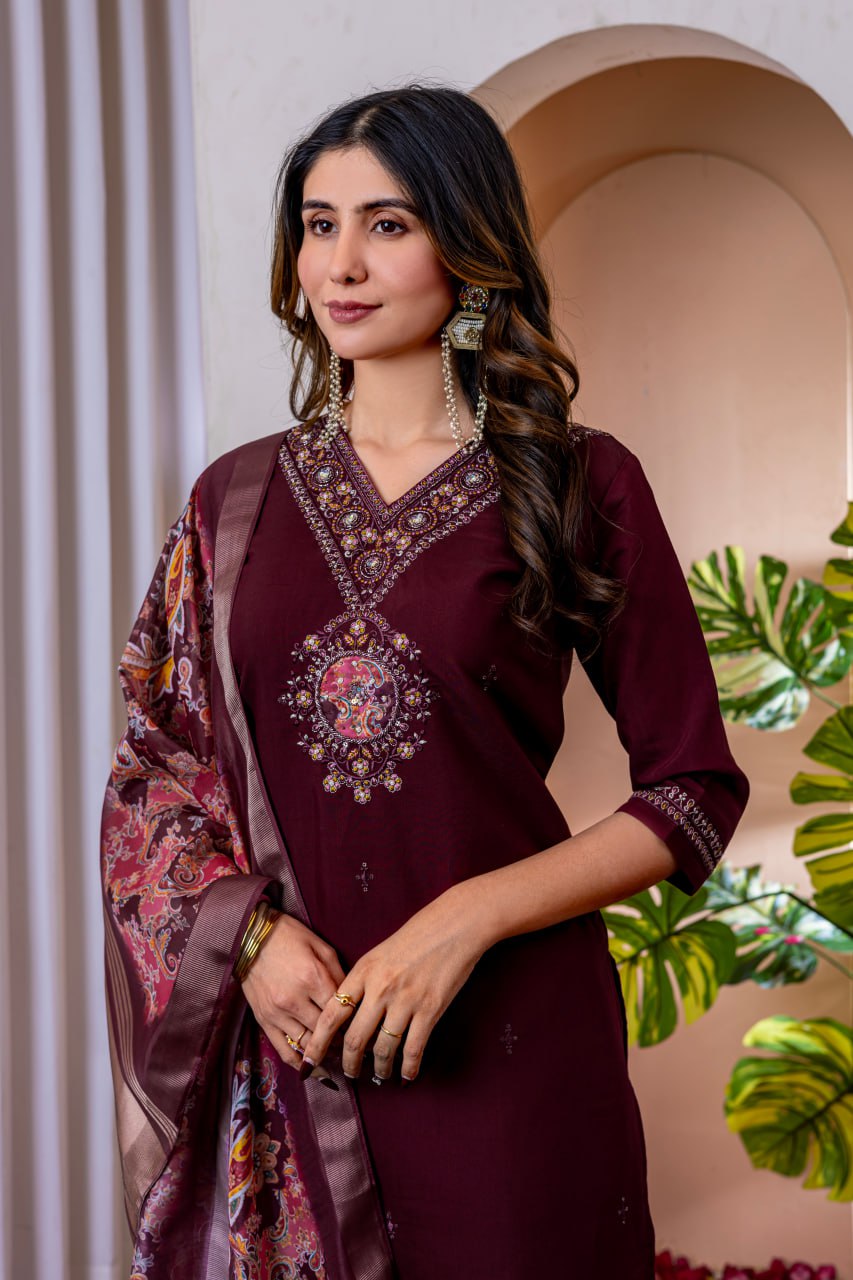 Women's Marina Viscose Silk Straight Kurti Pant Dupatta Set with Multi Embroidery Thread Work & Chanderi Silk Dupatta