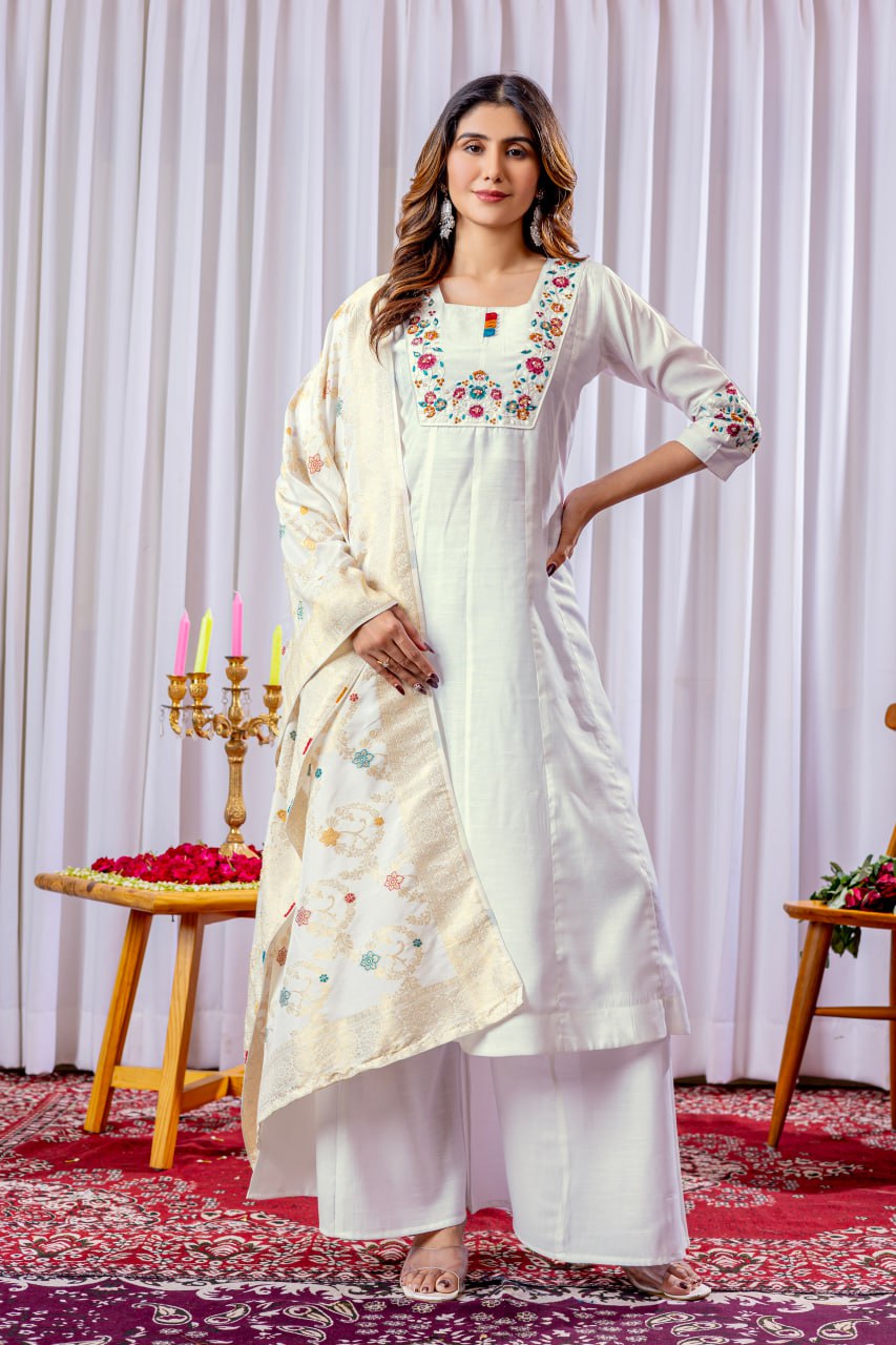 Women's Mango Silk Embroidered Kurti Palazzo Dupatta Set with Maslin Silk Dupatta