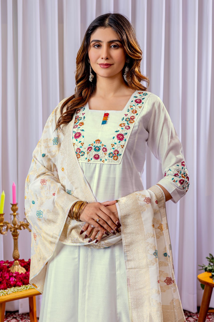 Women's Mango Silk Embroidered Kurti Palazzo Dupatta Set with Maslin Silk Dupatta