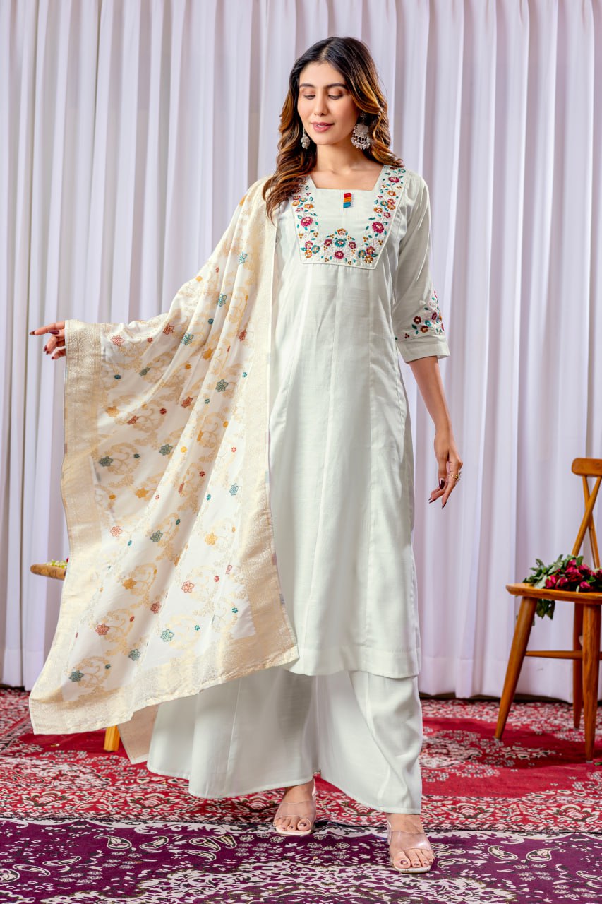 Women's Mango Silk Embroidered Kurti Palazzo Dupatta Set with Maslin Silk Dupatta