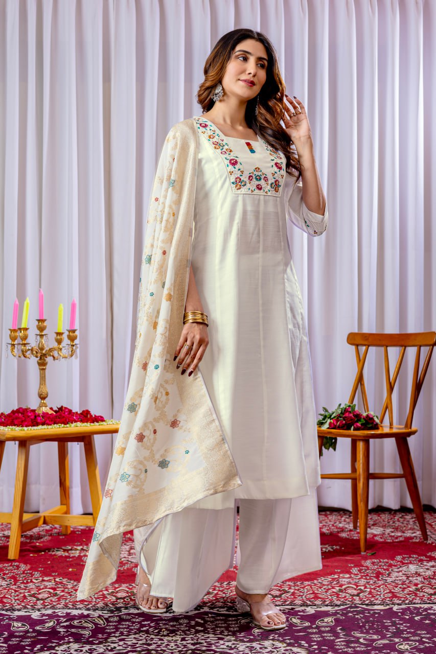 Women's Mango Silk Embroidered Kurti Palazzo Dupatta Set with Maslin Silk Dupatta