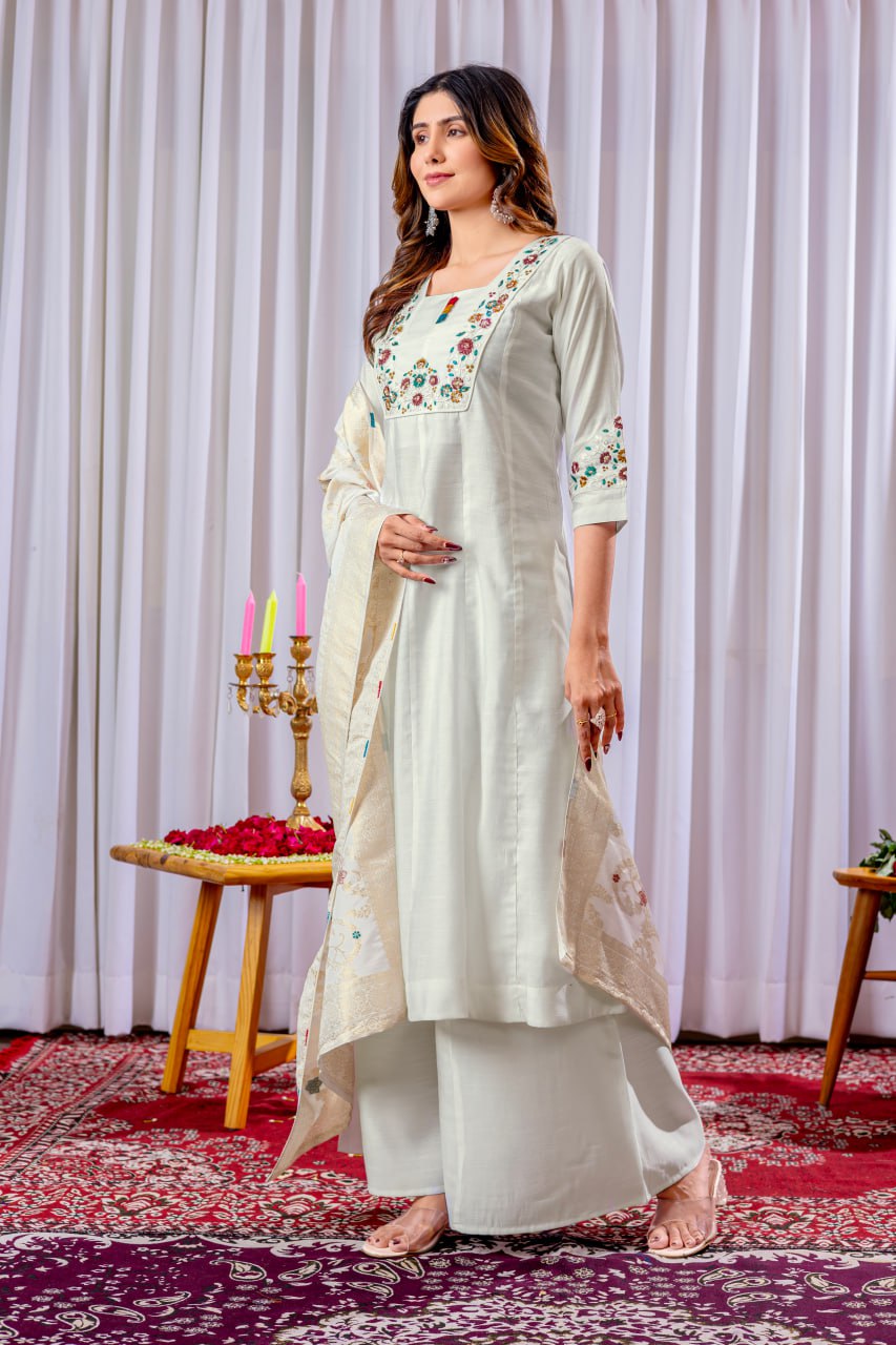 Women's Mango Silk Embroidered Kurti Palazzo Dupatta Set with Maslin Silk Dupatta