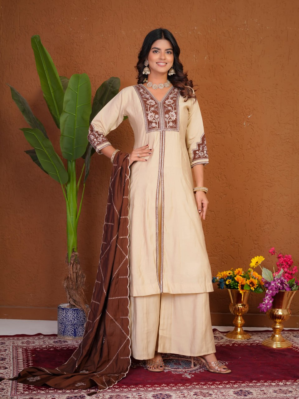 Women's Roman Silk Anarkali Kurti Palazzo Dupatta Set with Heavy Embroidery Thread Work