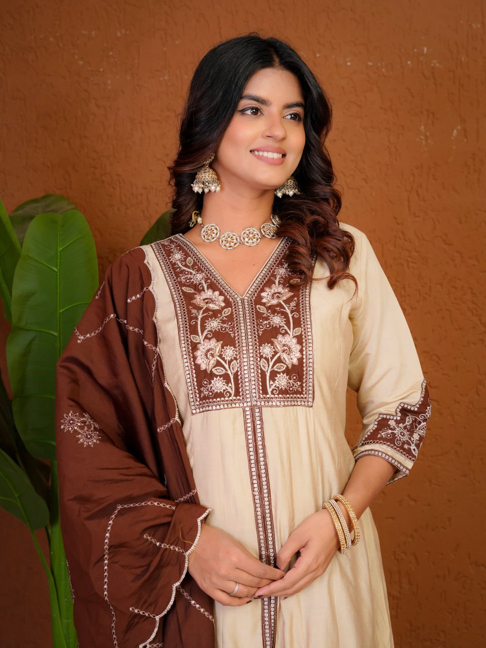 Women's Roman Silk Anarkali Kurti Palazzo Dupatta Set with Heavy Embroidery Thread Work