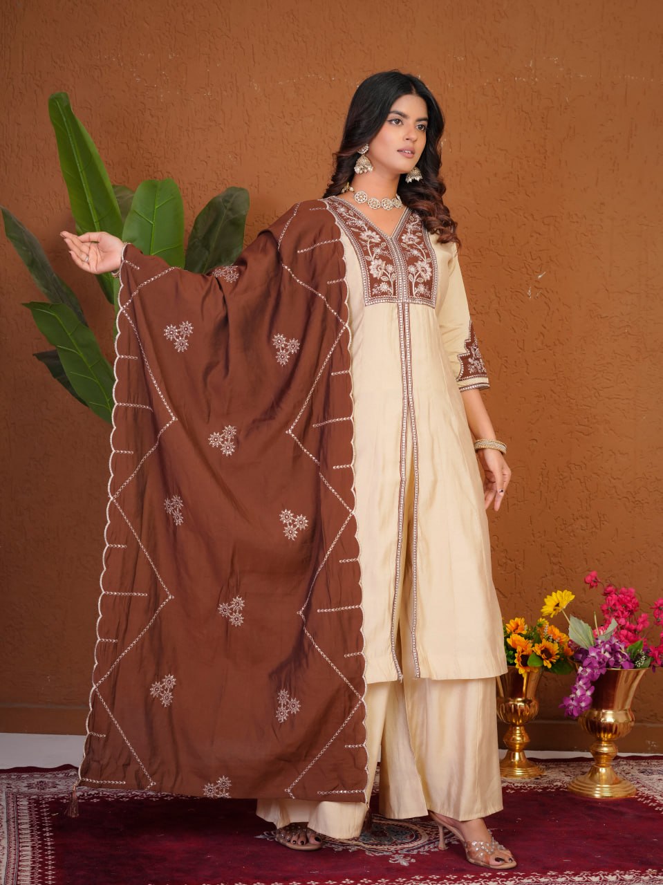 Women's Roman Silk Anarkali Kurti Palazzo Dupatta Set with Heavy Embroidery Thread Work
