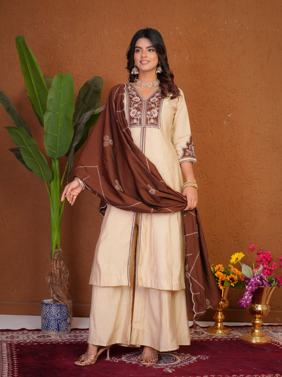 Women's Roman Silk Anarkali Kurti Palazzo Dupatta Set with Heavy Embroidery Thread Work
