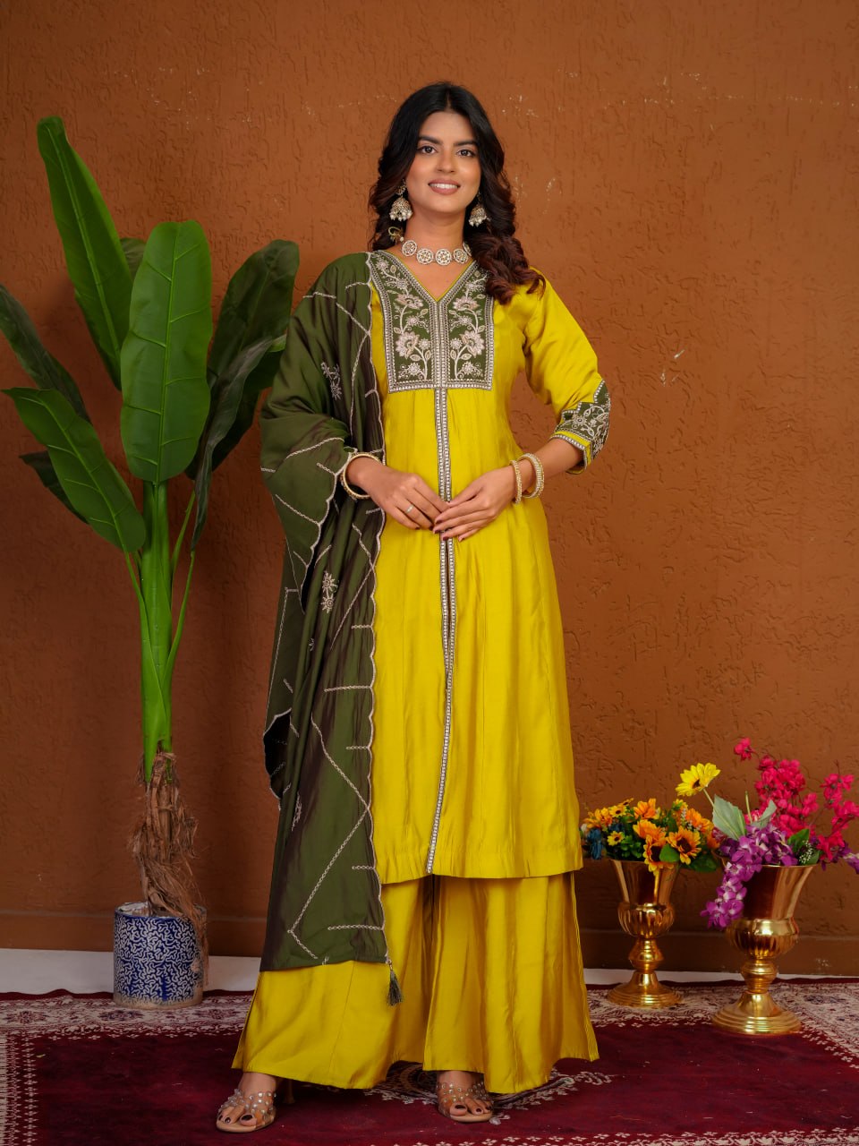 Women's Roman Silk Anarkali Kurti Palazzo Dupatta Set with Heavy Embroidery Thread Work