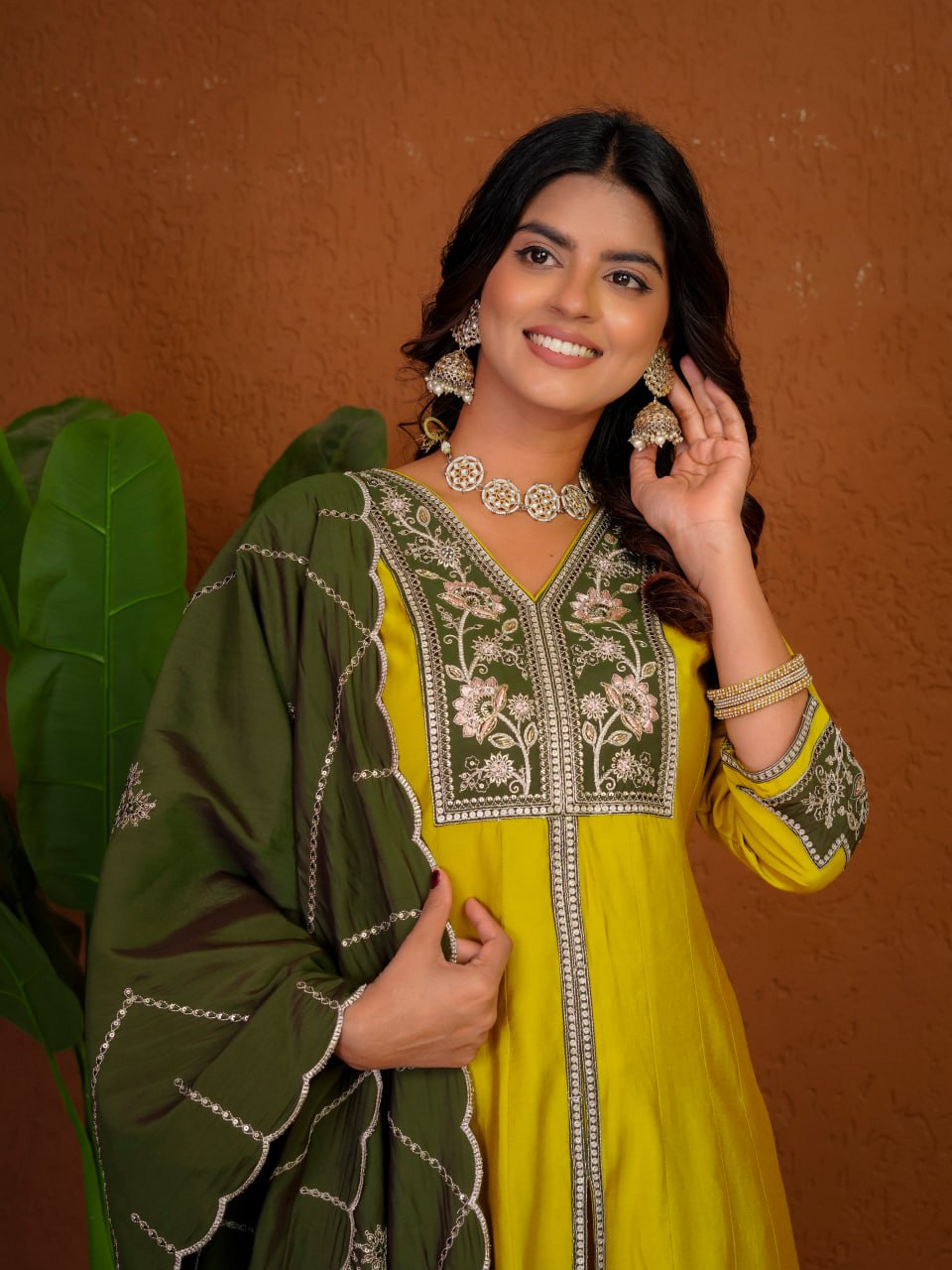 Women's Roman Silk Anarkali Kurti Palazzo Dupatta Set with Heavy Embroidery Thread Work