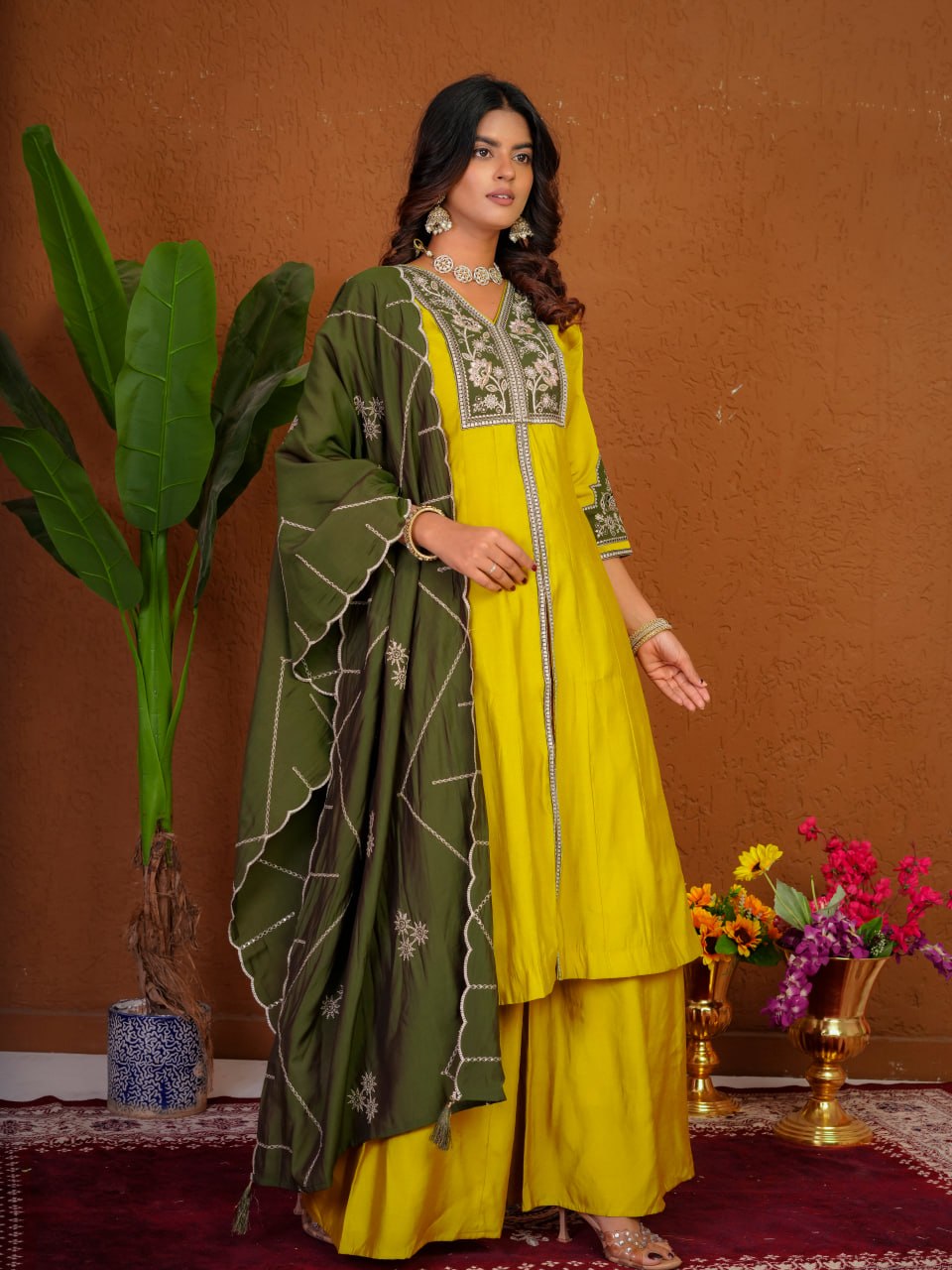 Women's Roman Silk Anarkali Kurti Palazzo Dupatta Set with Heavy Embroidery Thread Work