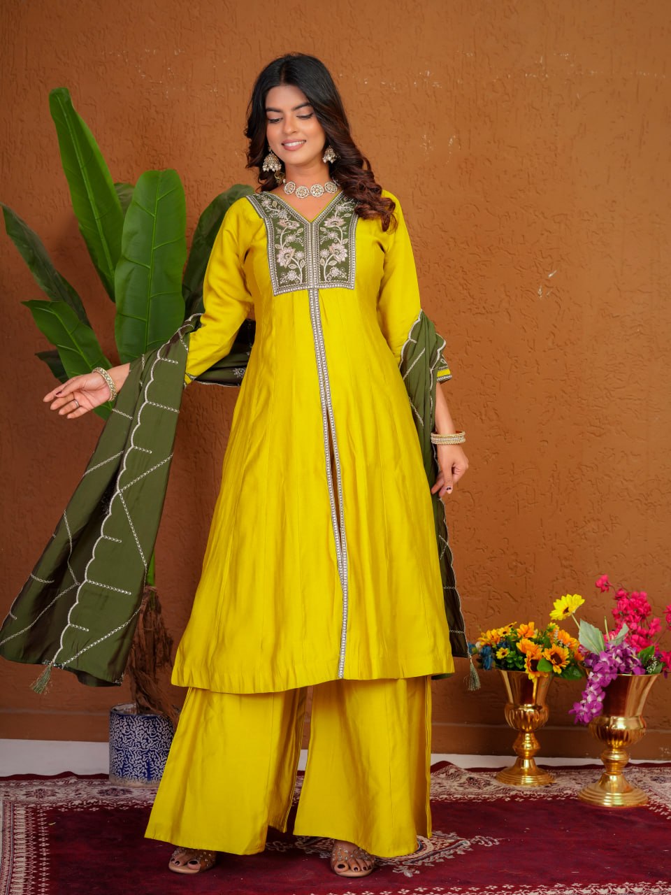 Women's Roman Silk Anarkali Kurti Palazzo Dupatta Set with Heavy Embroidery Thread Work