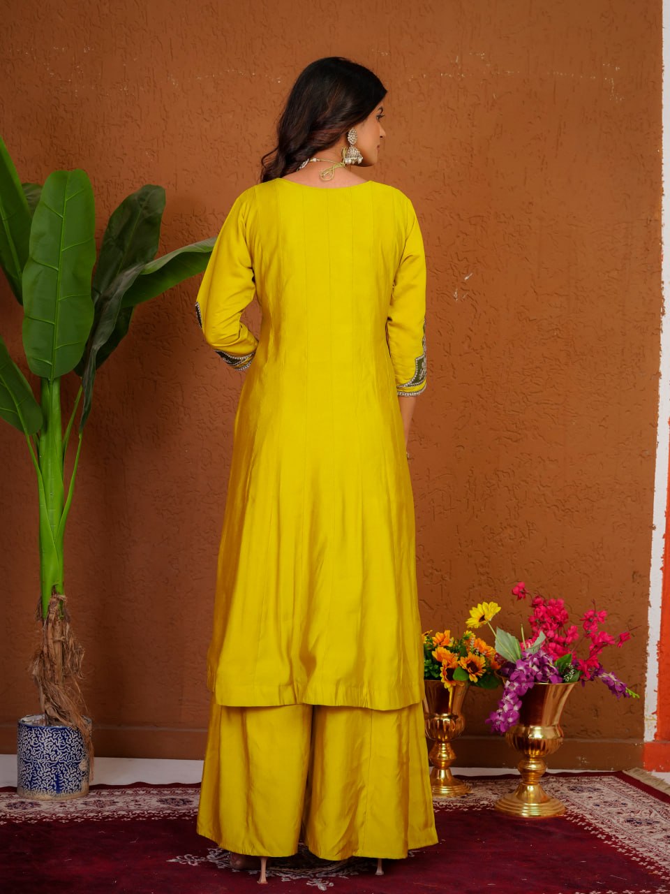 Women's Roman Silk Anarkali Kurti Palazzo Dupatta Set with Heavy Embroidery Thread Work