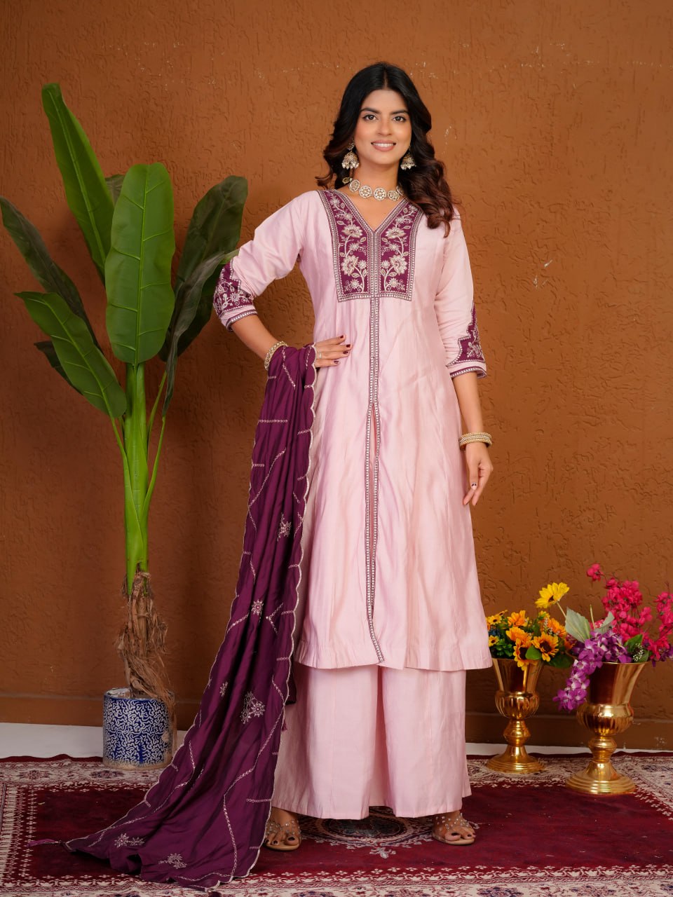 Women's Roman Silk Anarkali Kurti Palazzo Dupatta Set with Heavy Embroidery Thread Work