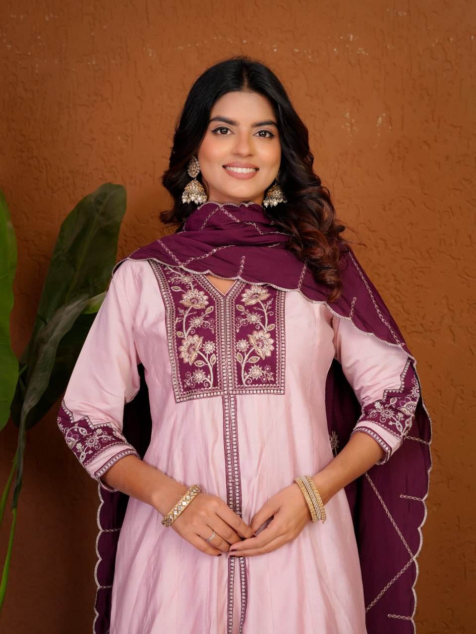 Women's Roman Silk Anarkali Kurti Palazzo Dupatta Set with Heavy Embroidery Thread Work