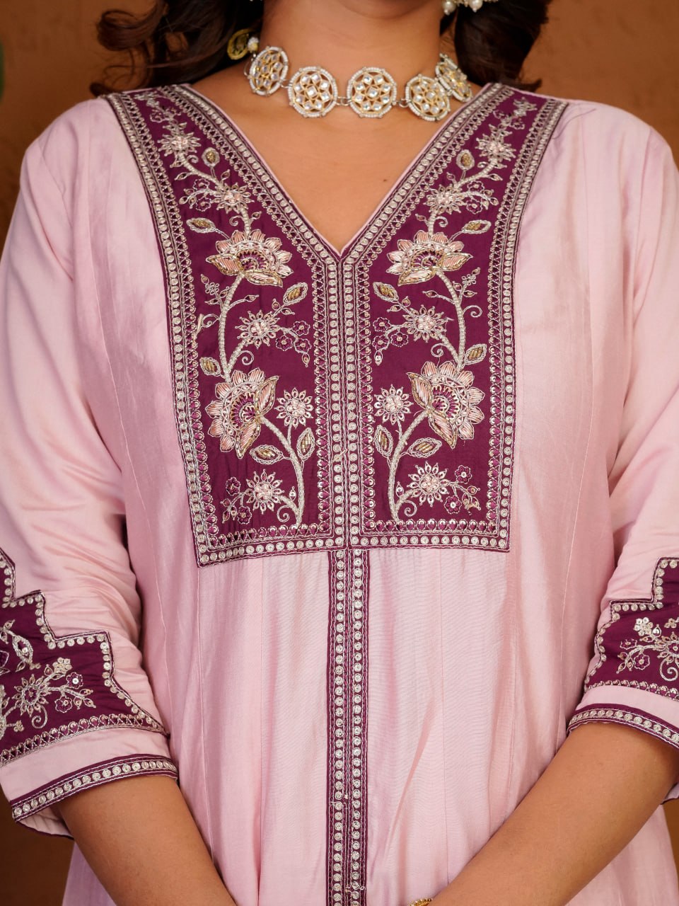Women's Roman Silk Anarkali Kurti Palazzo Dupatta Set with Heavy Embroidery Thread Work