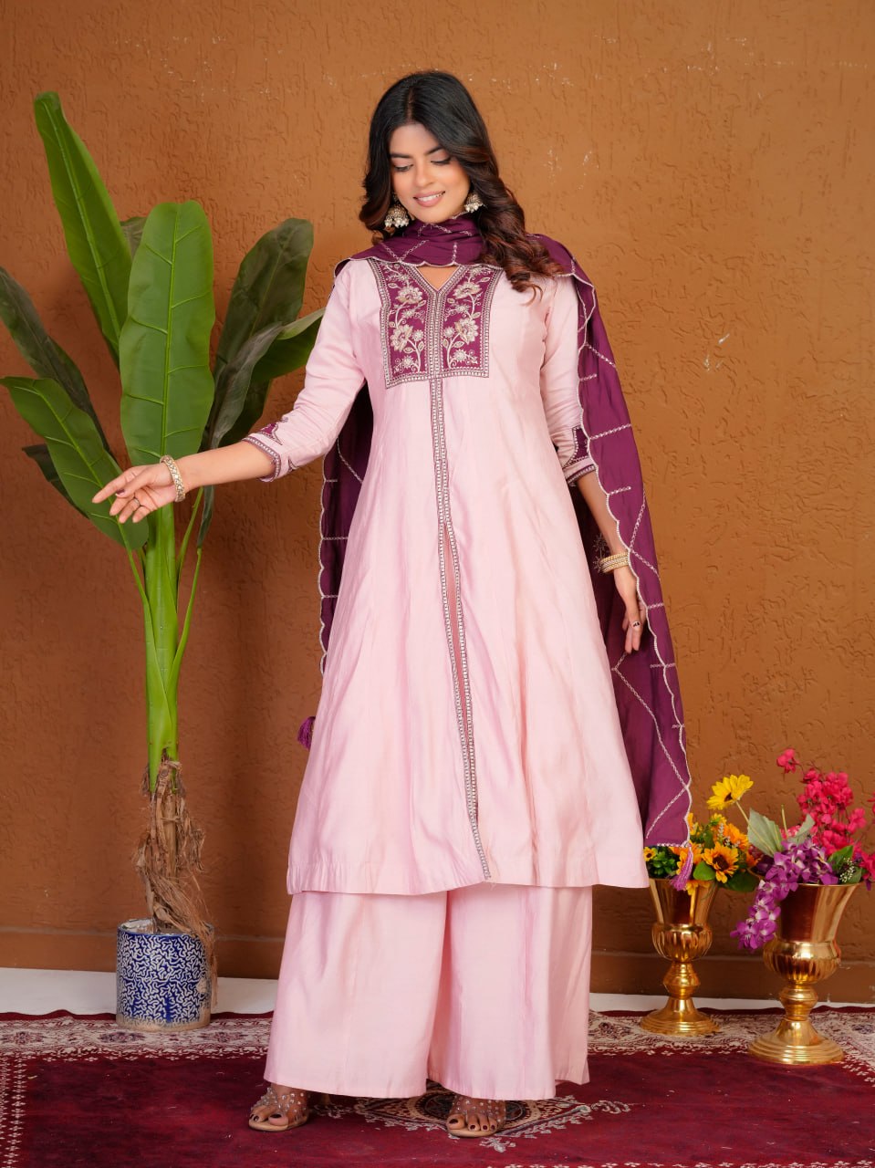 Women's Roman Silk Anarkali Kurti Palazzo Dupatta Set with Heavy Embroidery Thread Work