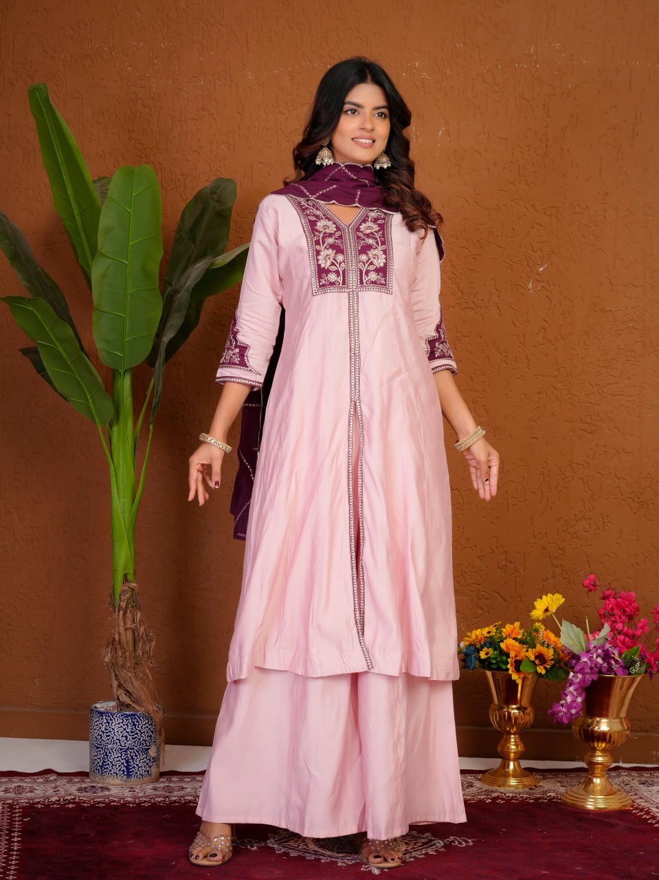 Women's Roman Silk Anarkali Kurti Palazzo Dupatta Set with Heavy Embroidery Thread Work