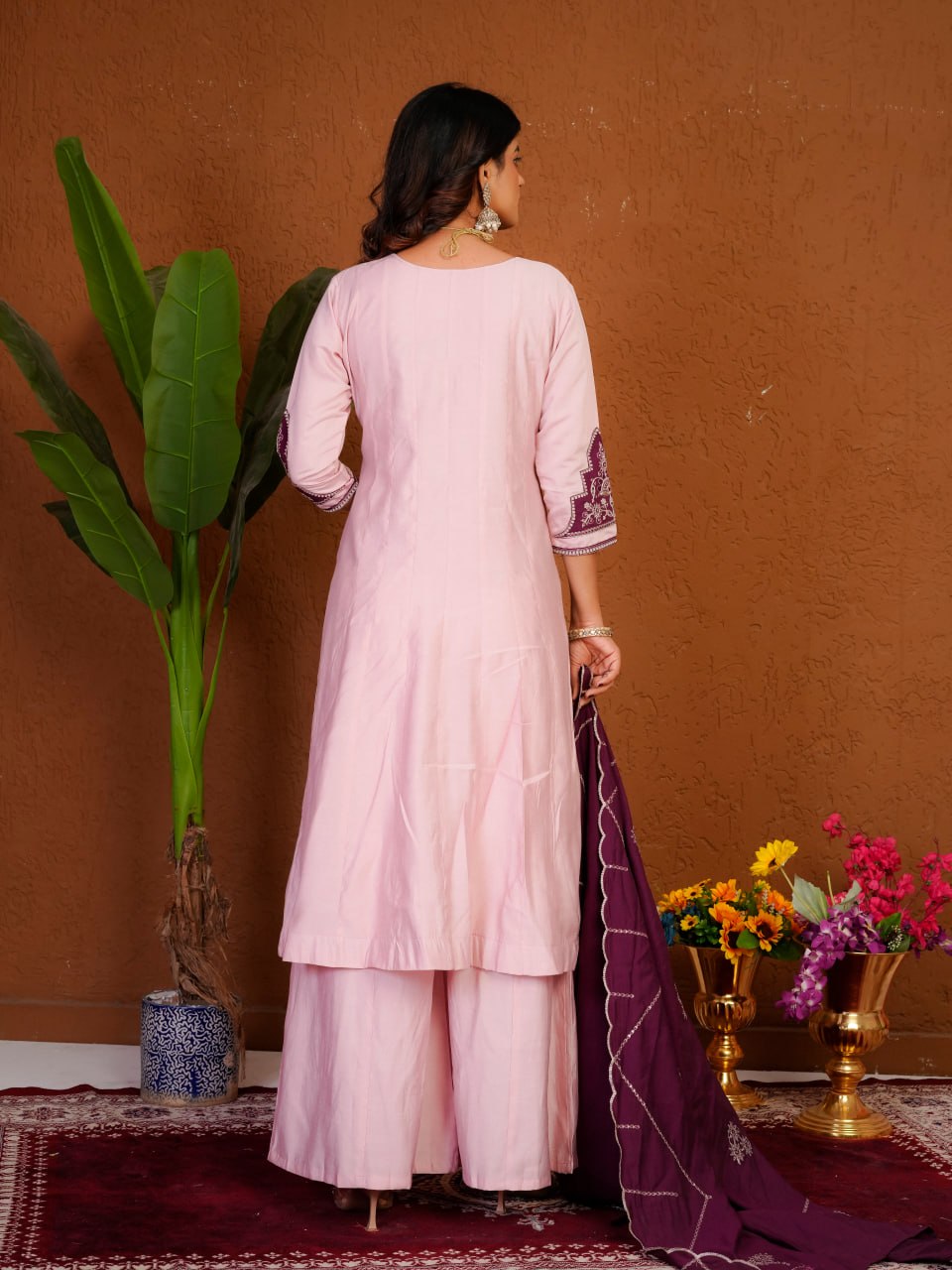 Women's Roman Silk Anarkali Kurti Palazzo Dupatta Set with Heavy Embroidery Thread Work