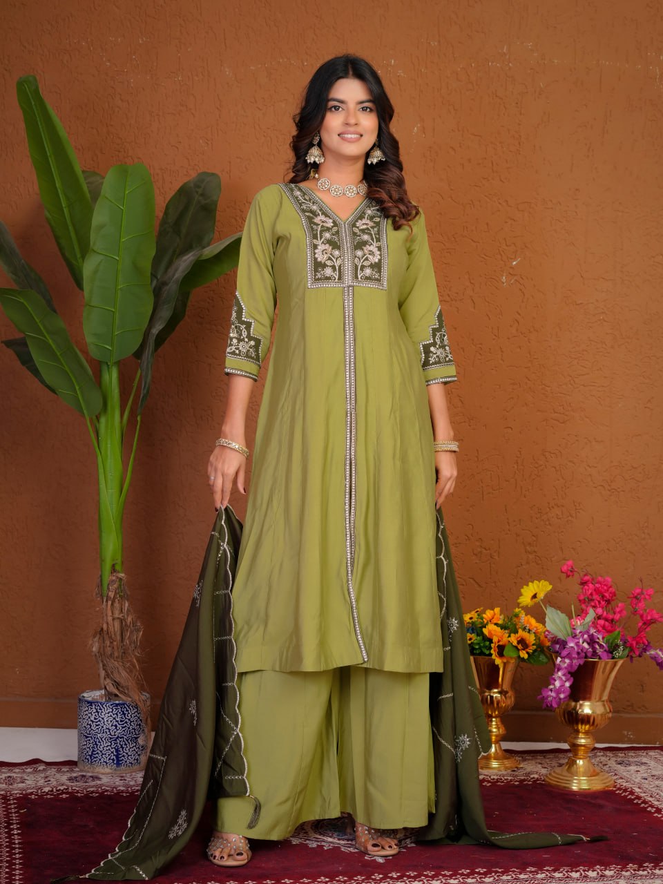 Women's Roman Silk Anarkali Kurti Palazzo Dupatta Set with Heavy Embroidery Thread Work