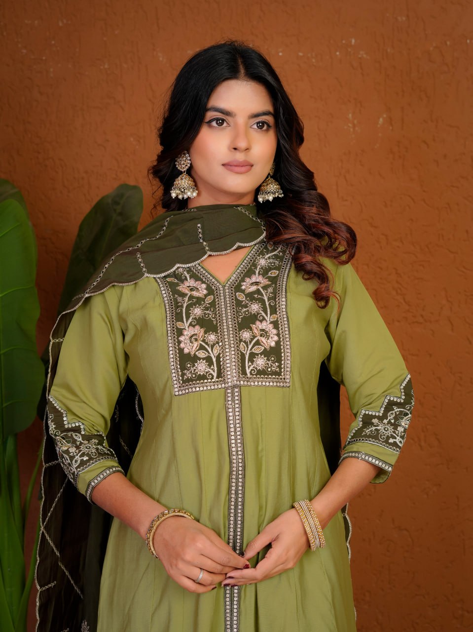 Women's Roman Silk Anarkali Kurti Palazzo Dupatta Set with Heavy Embroidery Thread Work