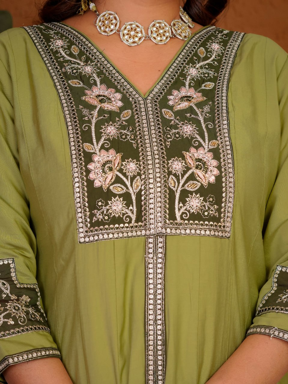 Women's Roman Silk Anarkali Kurti Palazzo Dupatta Set with Heavy Embroidery Thread Work