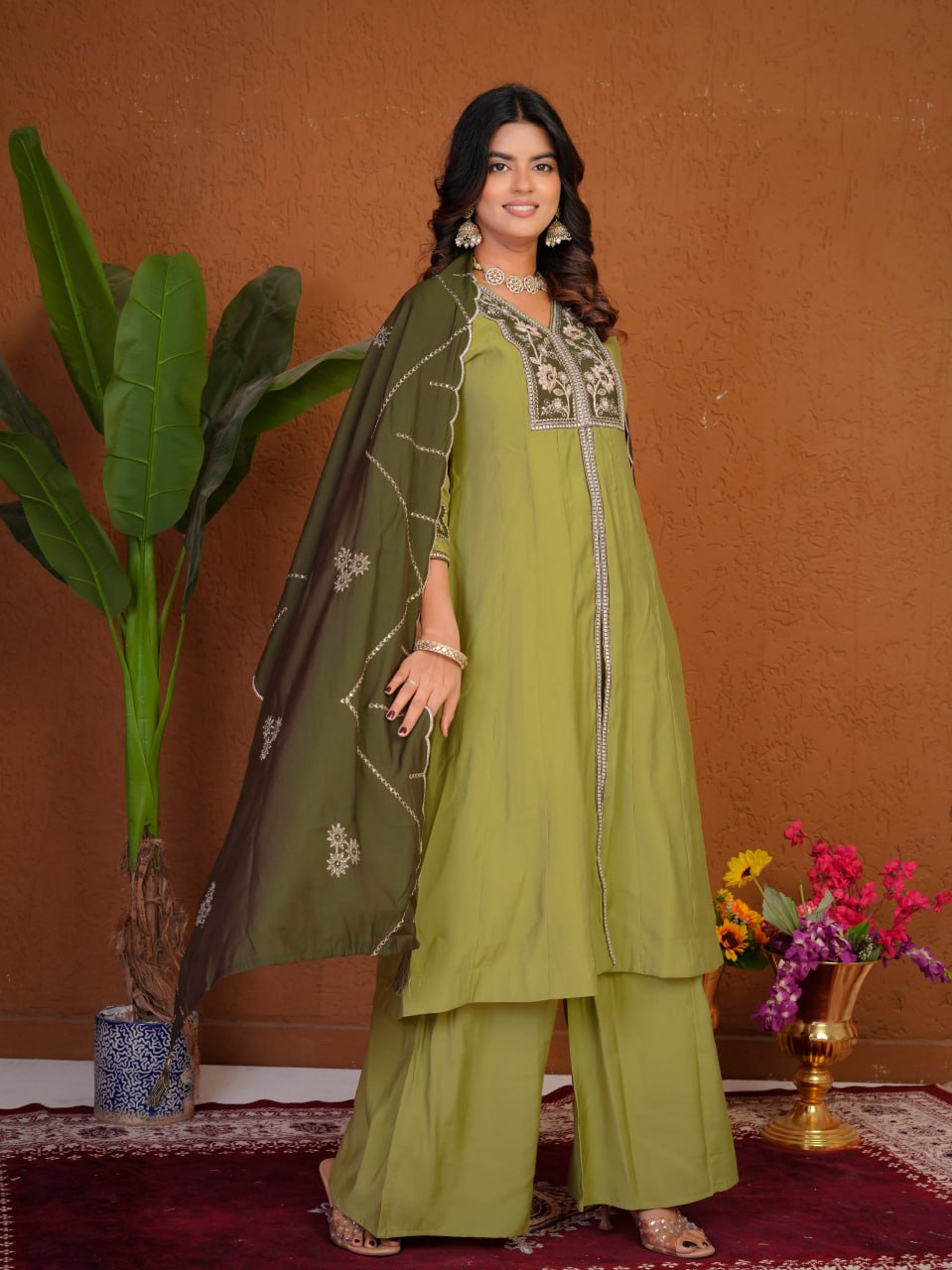 Women's Roman Silk Anarkali Kurti Palazzo Dupatta Set with Heavy Embroidery Thread Work