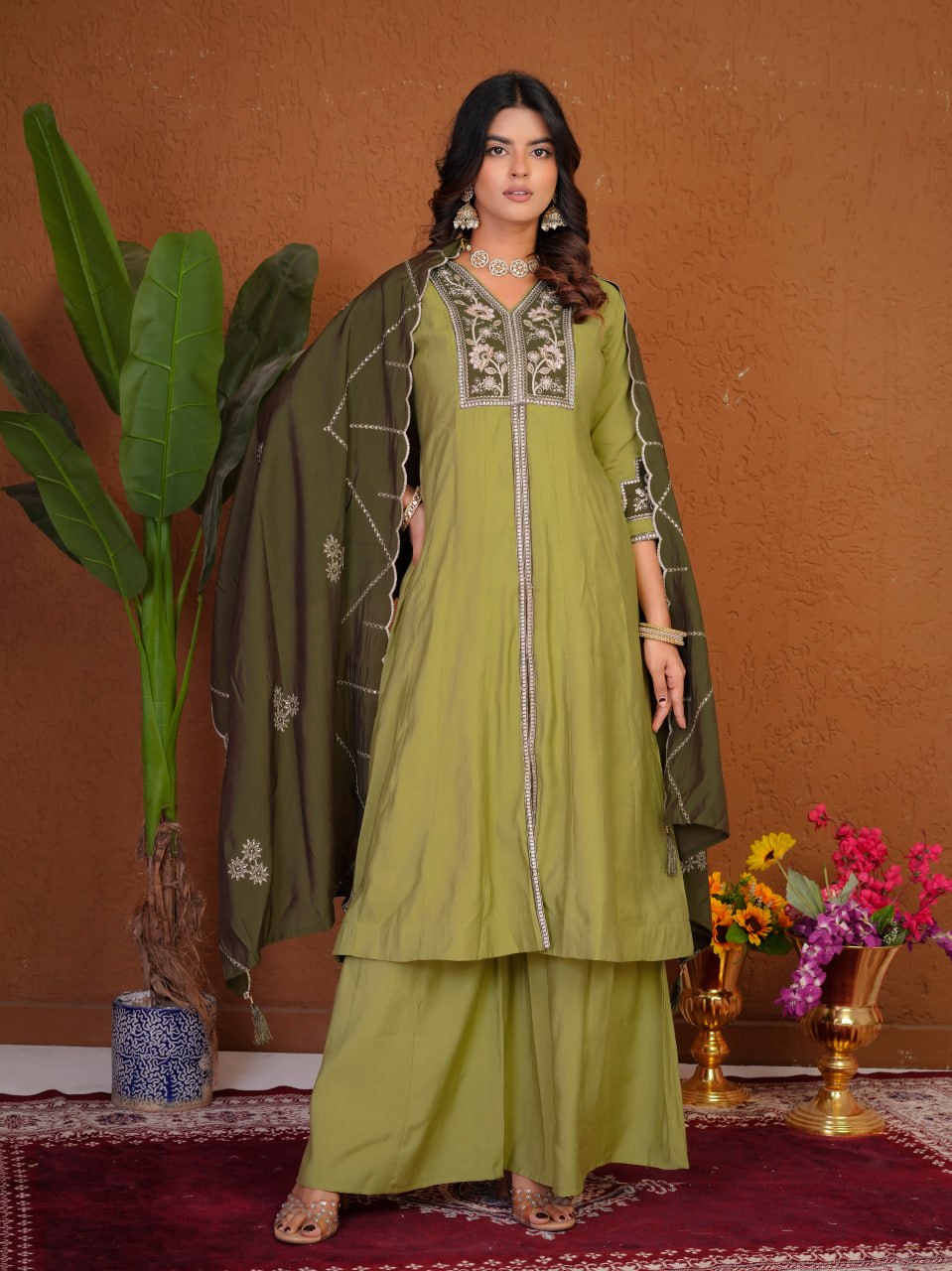 Women's Roman Silk Anarkali Kurti Palazzo Dupatta Set with Heavy Embroidery Thread Work