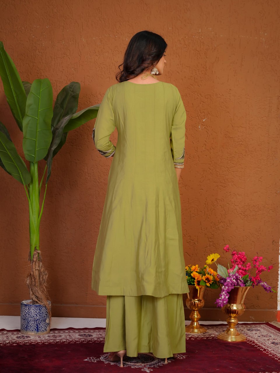 Women's Roman Silk Anarkali Kurti Palazzo Dupatta Set with Heavy Embroidery Thread Work