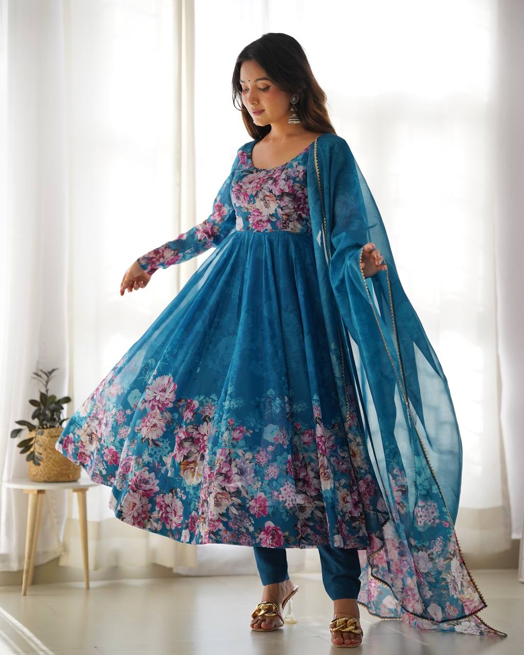 Women's Soft Organza Silk Printed Anarkali Pant Dupatta Set with Kali Pattern