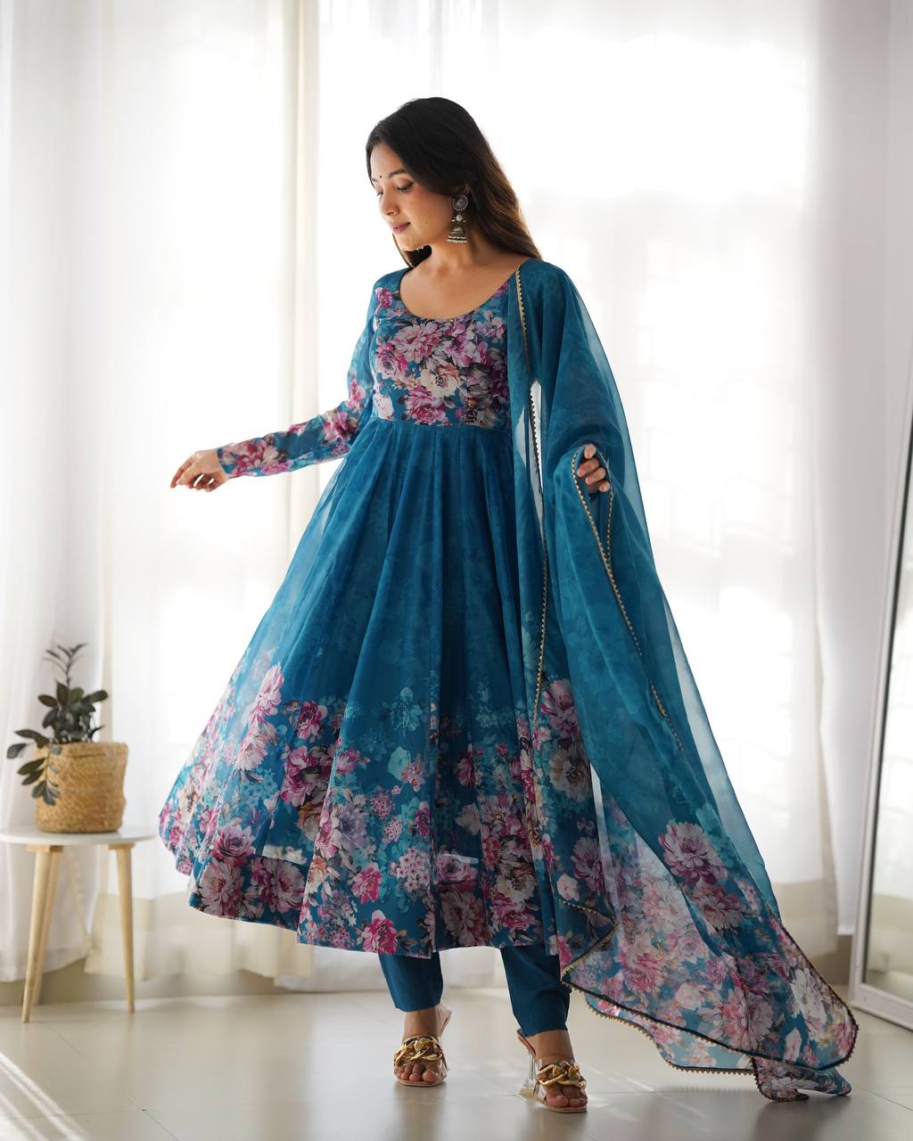 Women's Soft Organza Silk Printed Anarkali Pant Dupatta Set with Kali Pattern