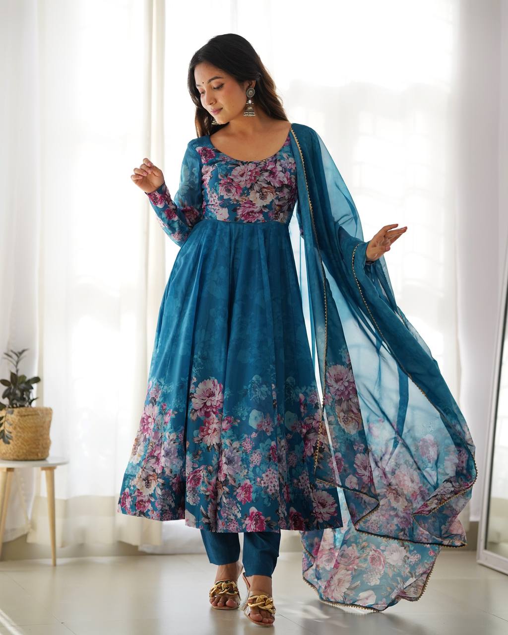 Women's Soft Organza Silk Printed Anarkali Pant Dupatta Set with Kali Pattern