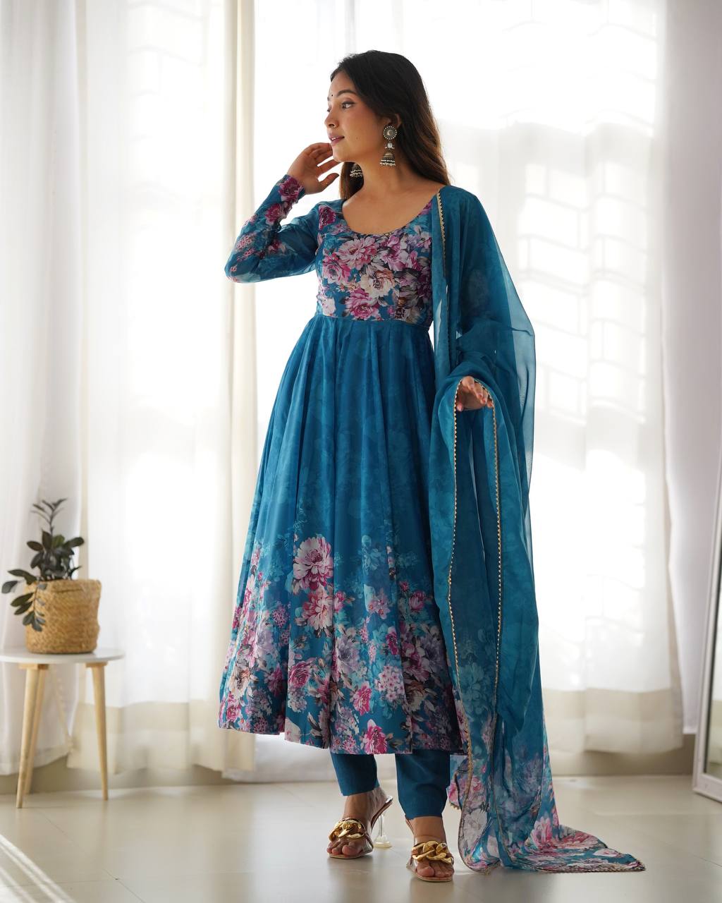Women's Soft Organza Silk Printed Anarkali Pant Dupatta Set with Kali Pattern