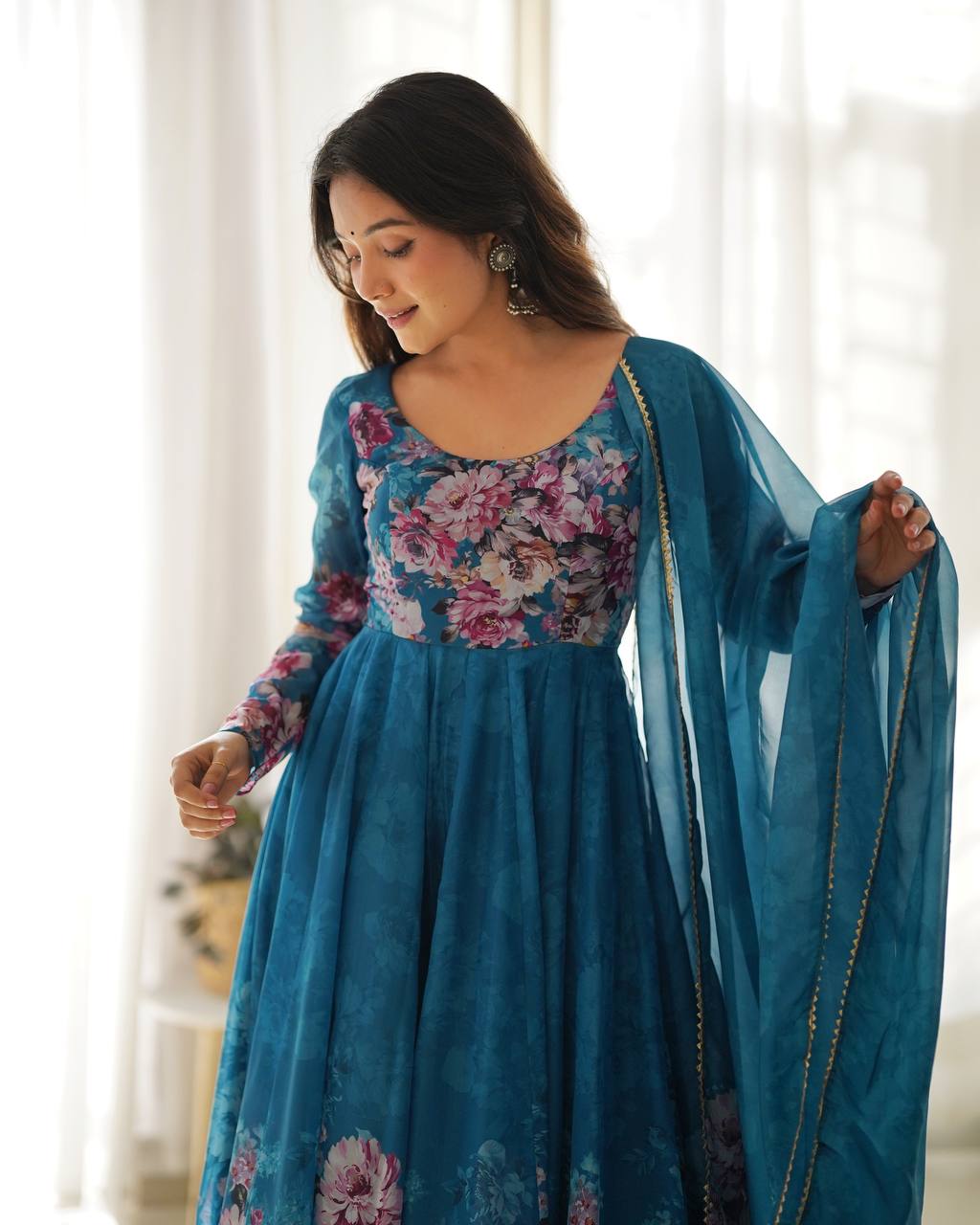 Women's Soft Organza Silk Printed Anarkali Pant Dupatta Set with Kali Pattern