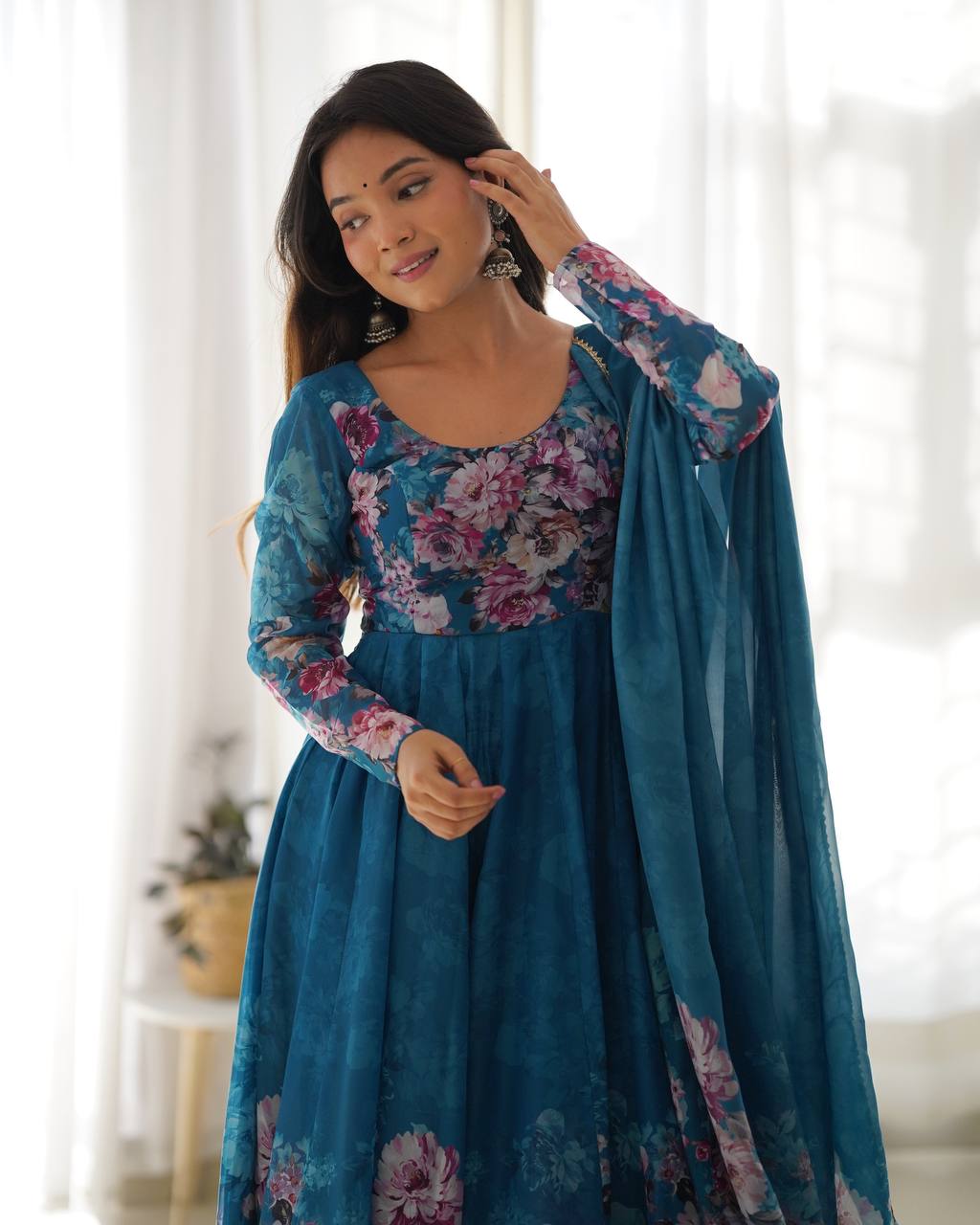 Women's Soft Organza Silk Printed Anarkali Pant Dupatta Set with Kali Pattern