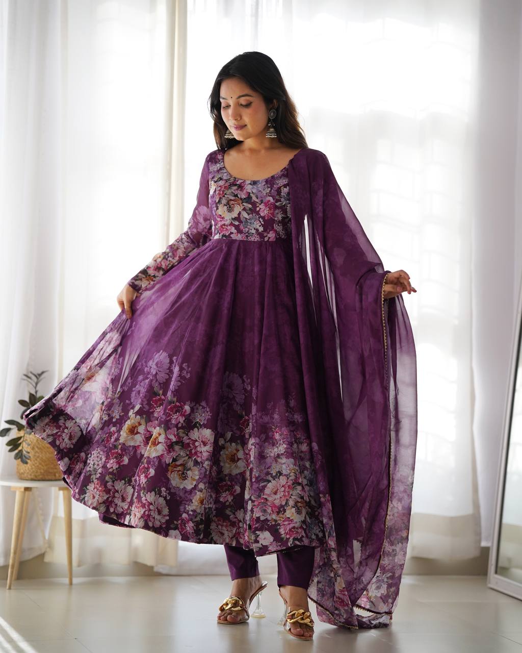 Women's Soft Organza Silk Printed Anarkali Pant Dupatta Set with Kali Pattern