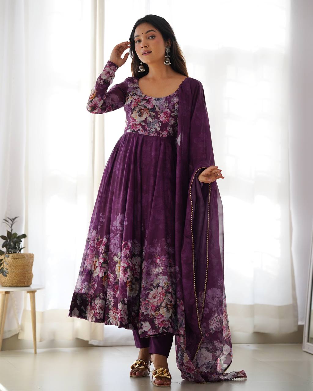 Women's Soft Organza Silk Printed Anarkali Pant Dupatta Set with Kali Pattern