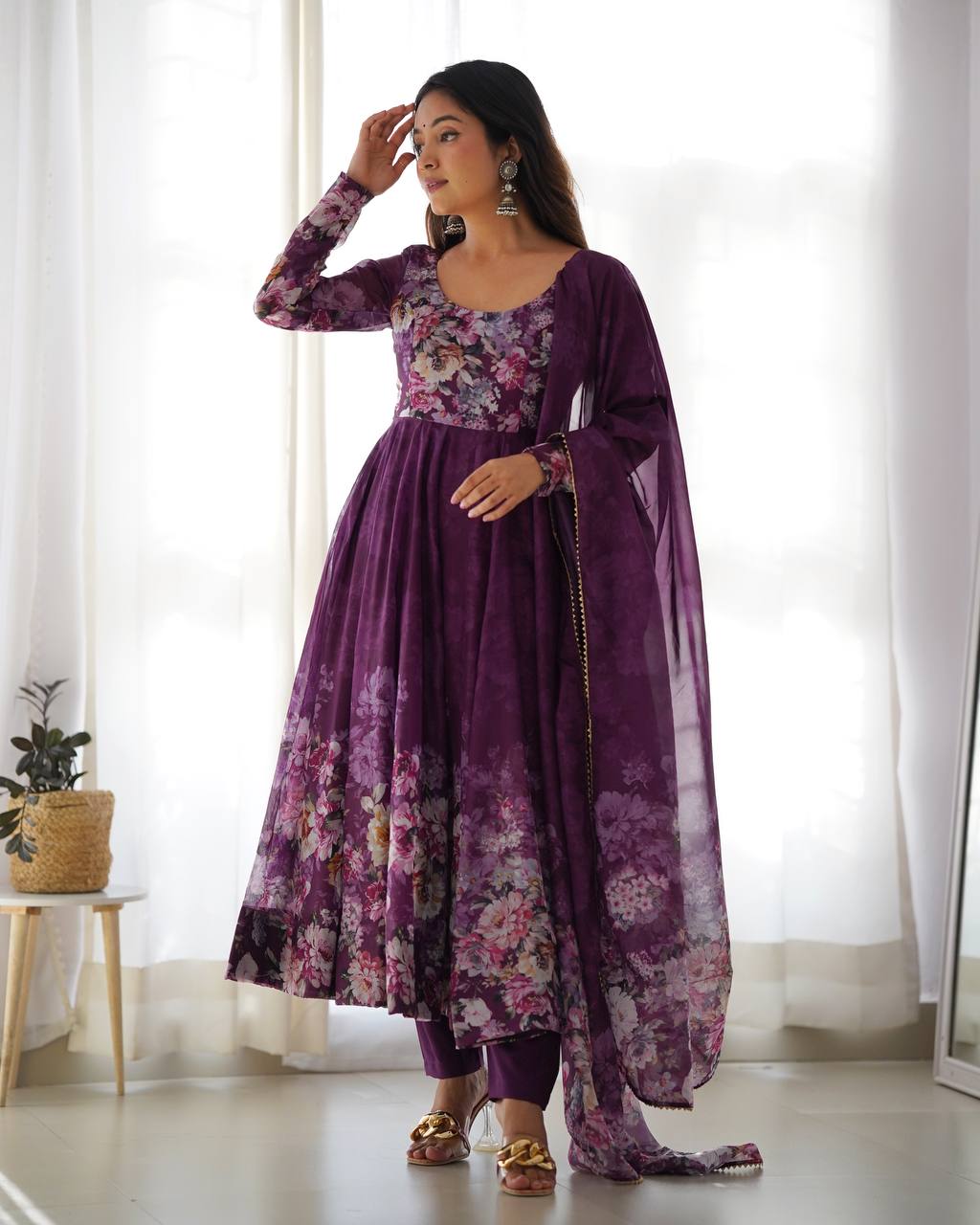 Women's Soft Organza Silk Printed Anarkali Pant Dupatta Set with Kali Pattern
