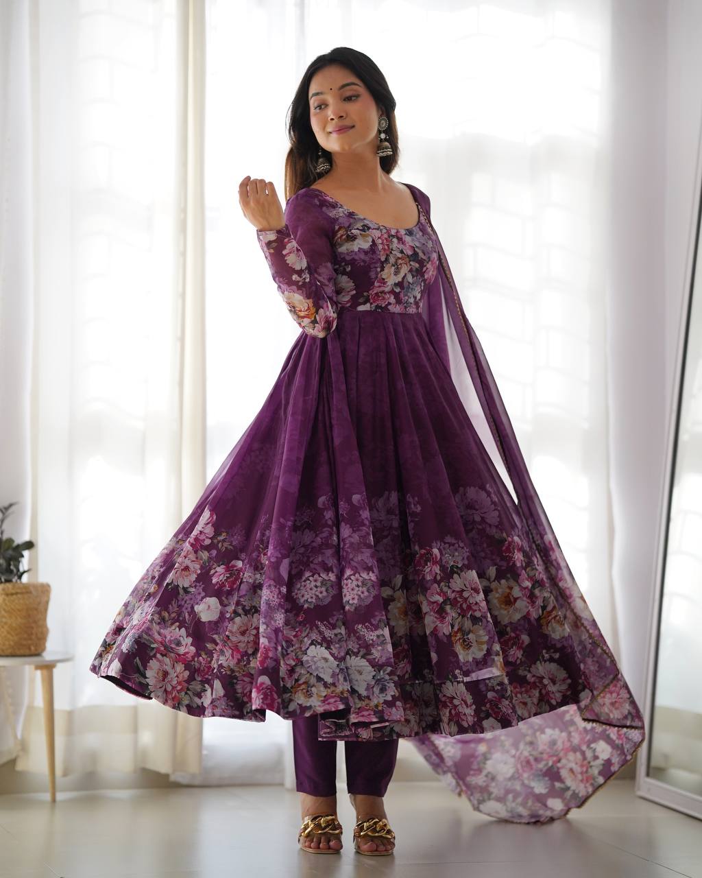 Women's Soft Organza Silk Printed Anarkali Pant Dupatta Set with Kali Pattern