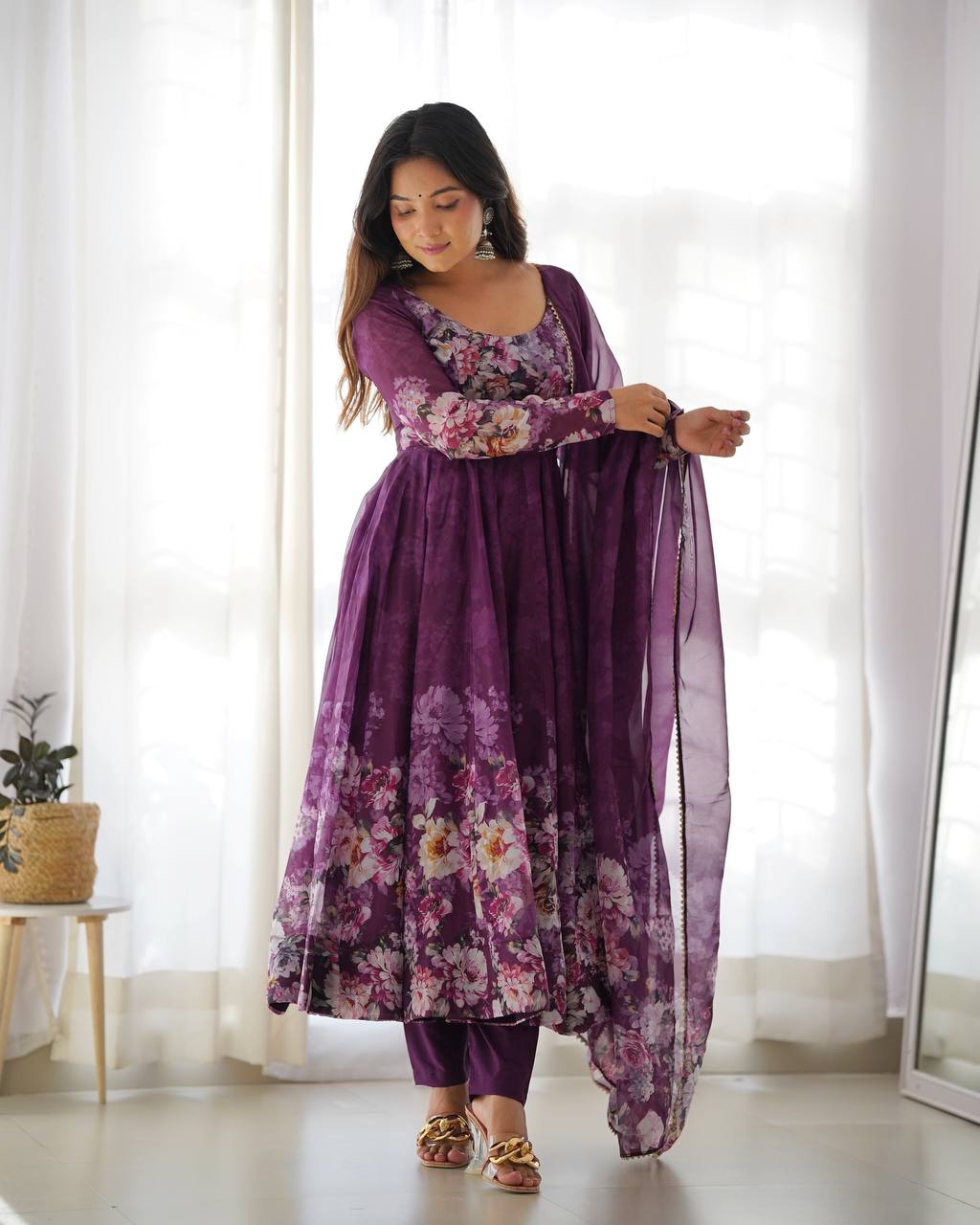 Women's Soft Organza Silk Printed Anarkali Pant Dupatta Set with Kali Pattern