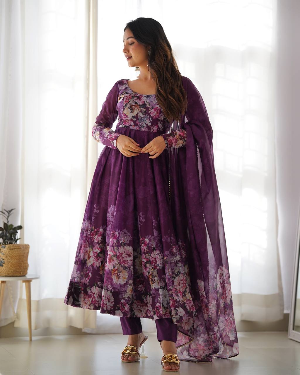 Women's Soft Organza Silk Printed Anarkali Pant Dupatta Set with Kali Pattern