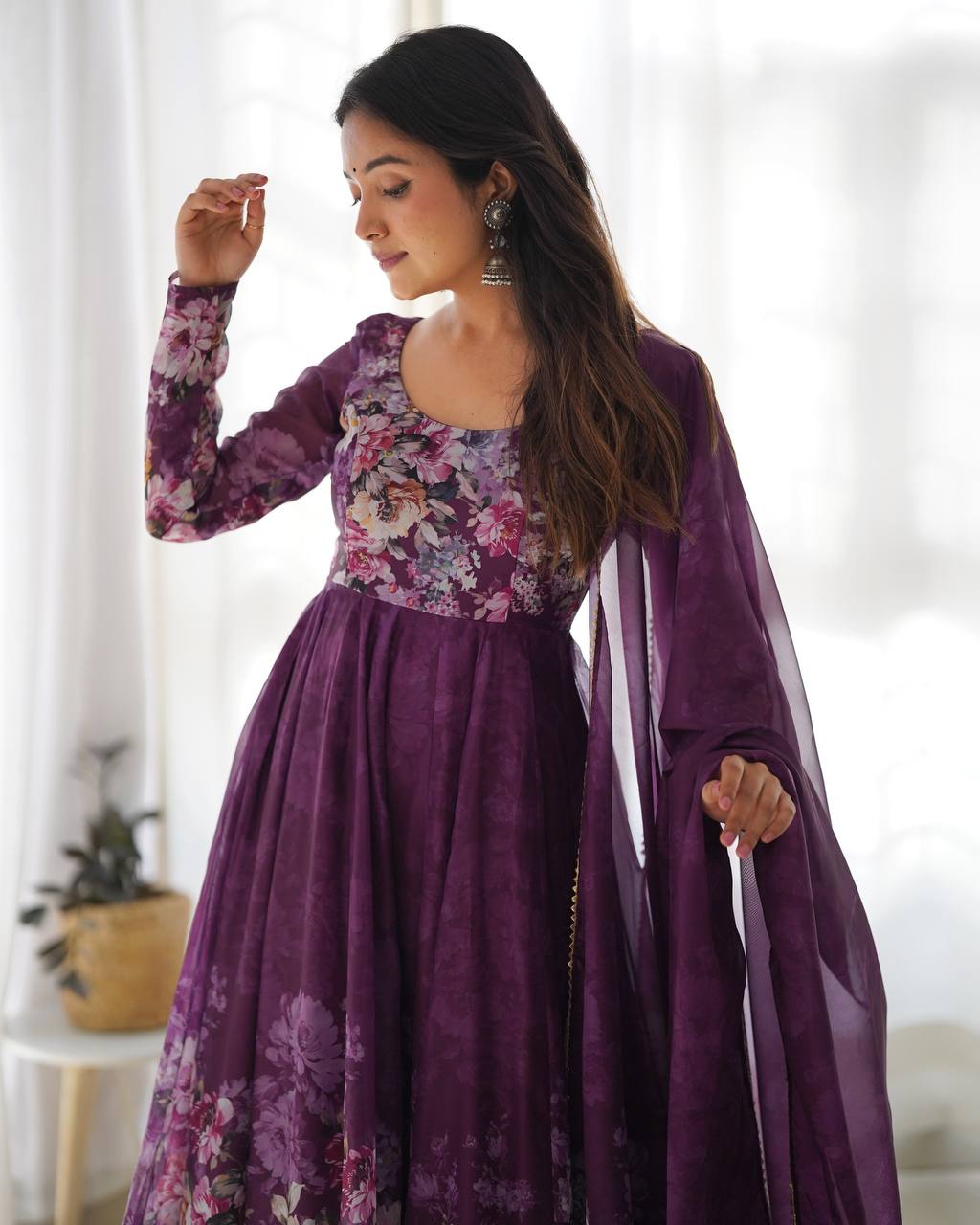 Women's Soft Organza Silk Printed Anarkali Pant Dupatta Set with Kali Pattern