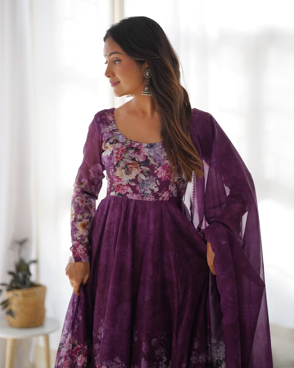 Women's Soft Organza Silk Printed Anarkali Pant Dupatta Set with Kali Pattern