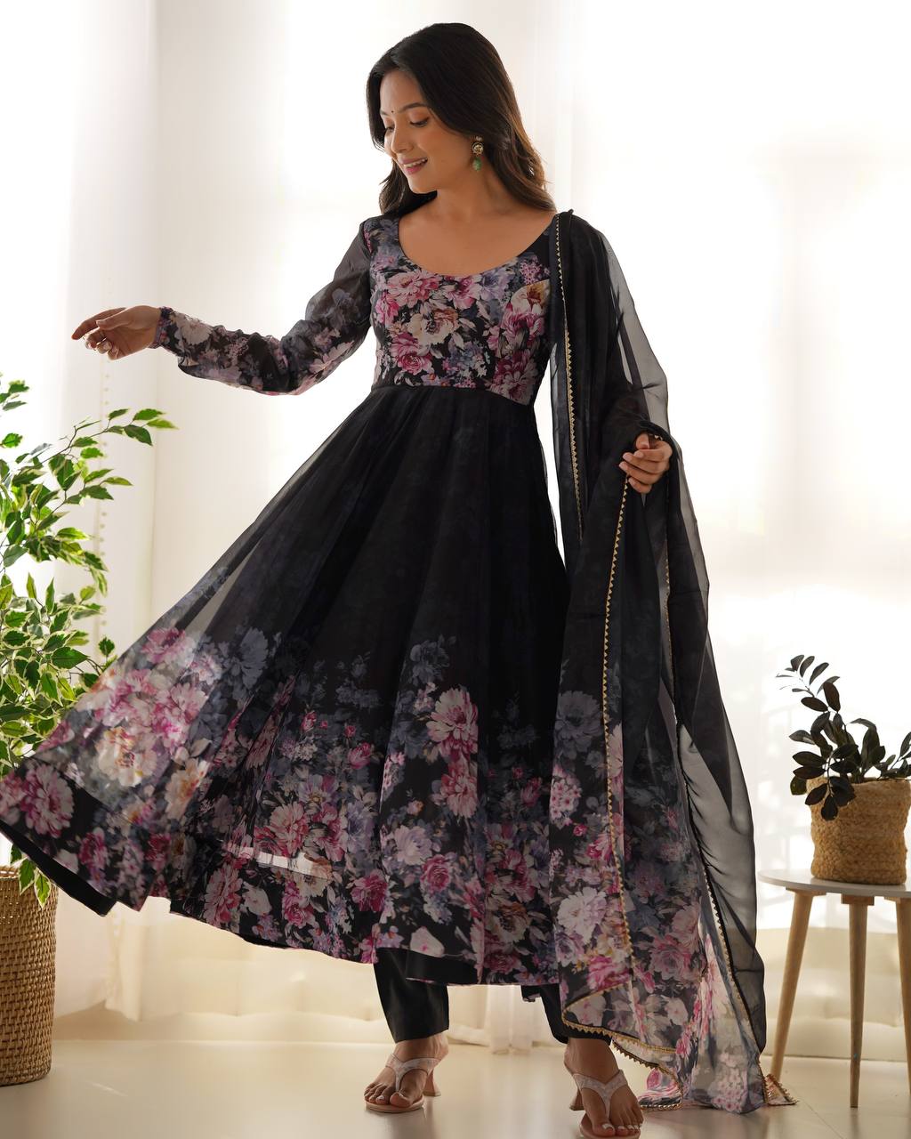 Women's Soft Organza Silk Printed Anarkali Pant Dupatta Set with Kali Pattern