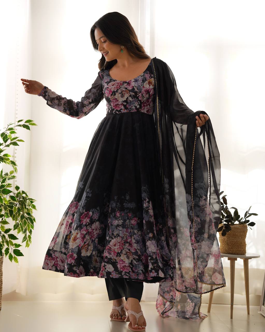 Women's Soft Organza Silk Printed Anarkali Pant Dupatta Set with Kali Pattern
