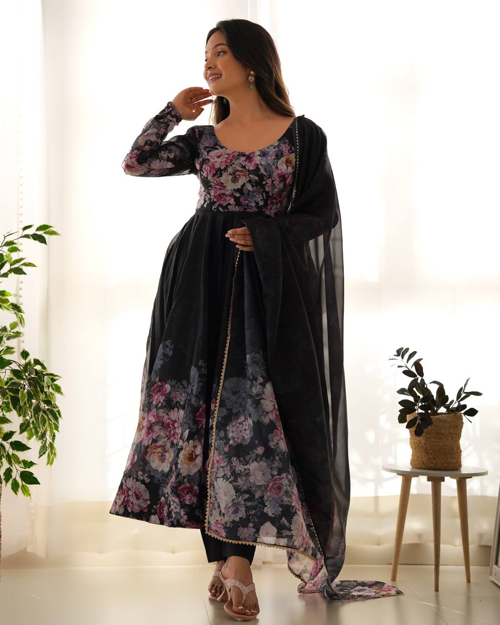 Women's Soft Organza Silk Printed Anarkali Pant Dupatta Set with Kali Pattern