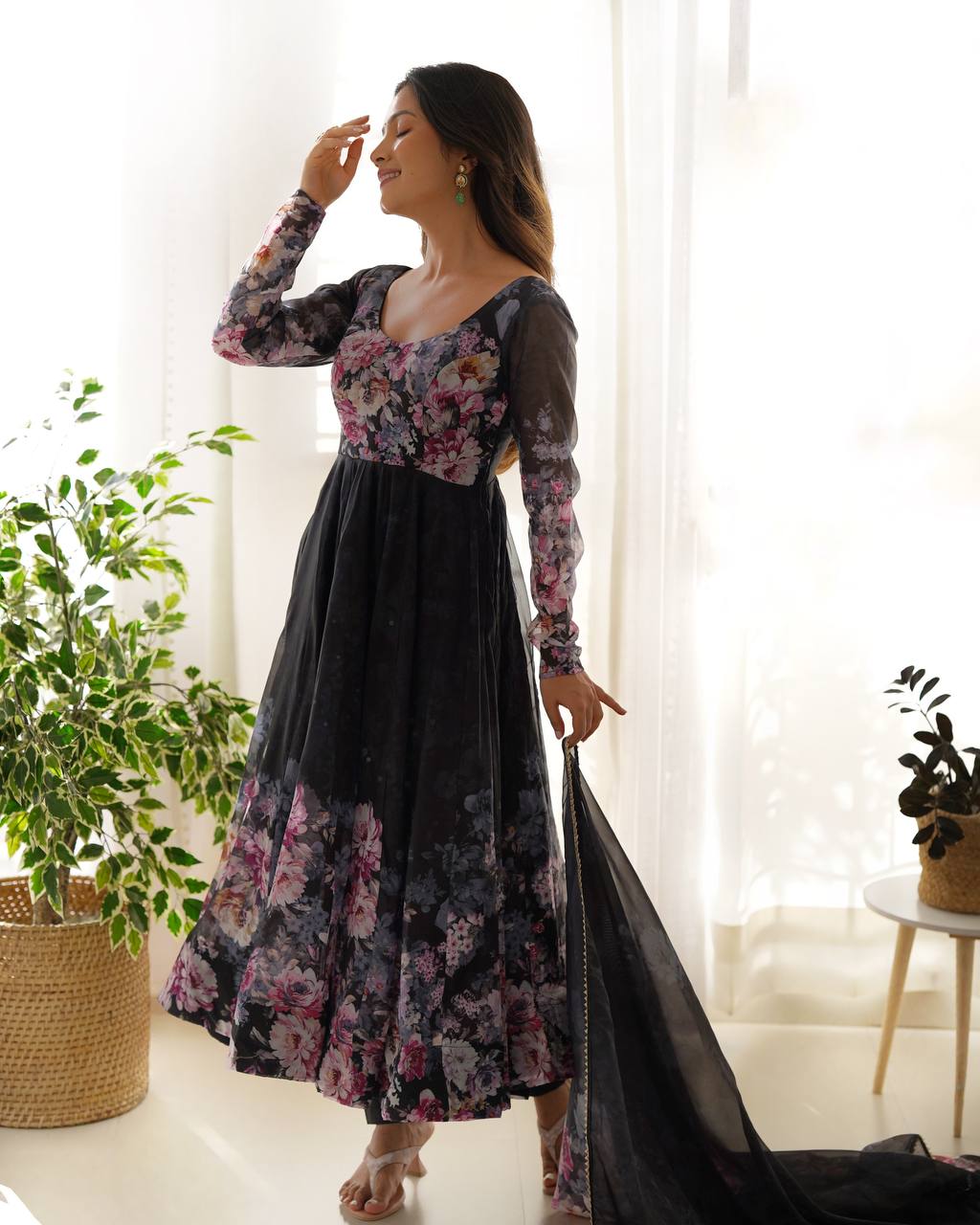 Women's Soft Organza Silk Printed Anarkali Pant Dupatta Set with Kali Pattern