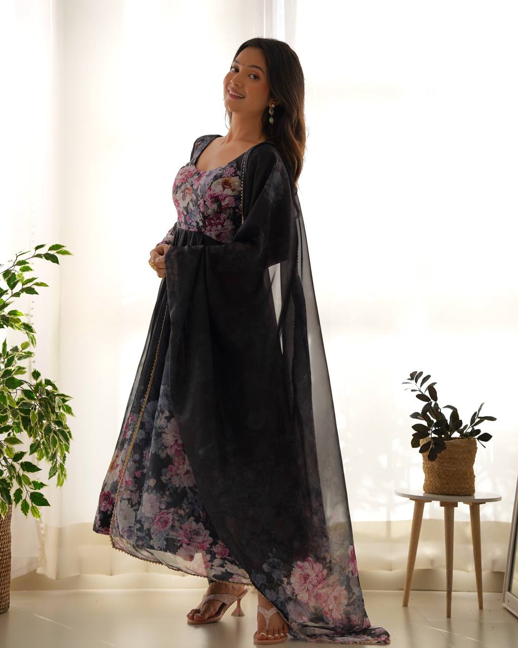 Women's Soft Organza Silk Printed Anarkali Pant Dupatta Set with Kali Pattern
