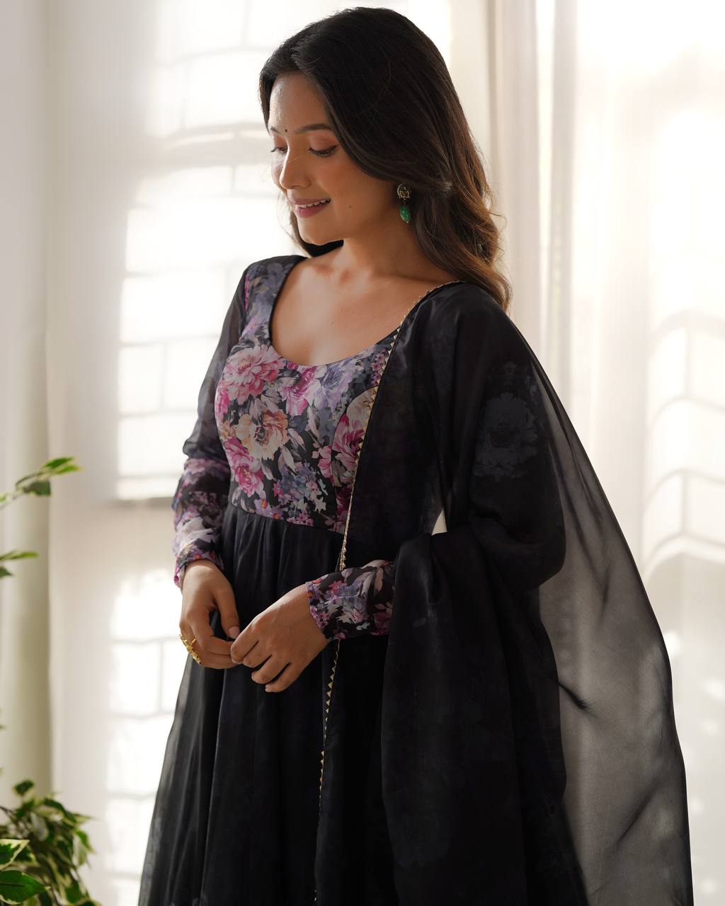 Women's Soft Organza Silk Printed Anarkali Pant Dupatta Set with Kali Pattern
