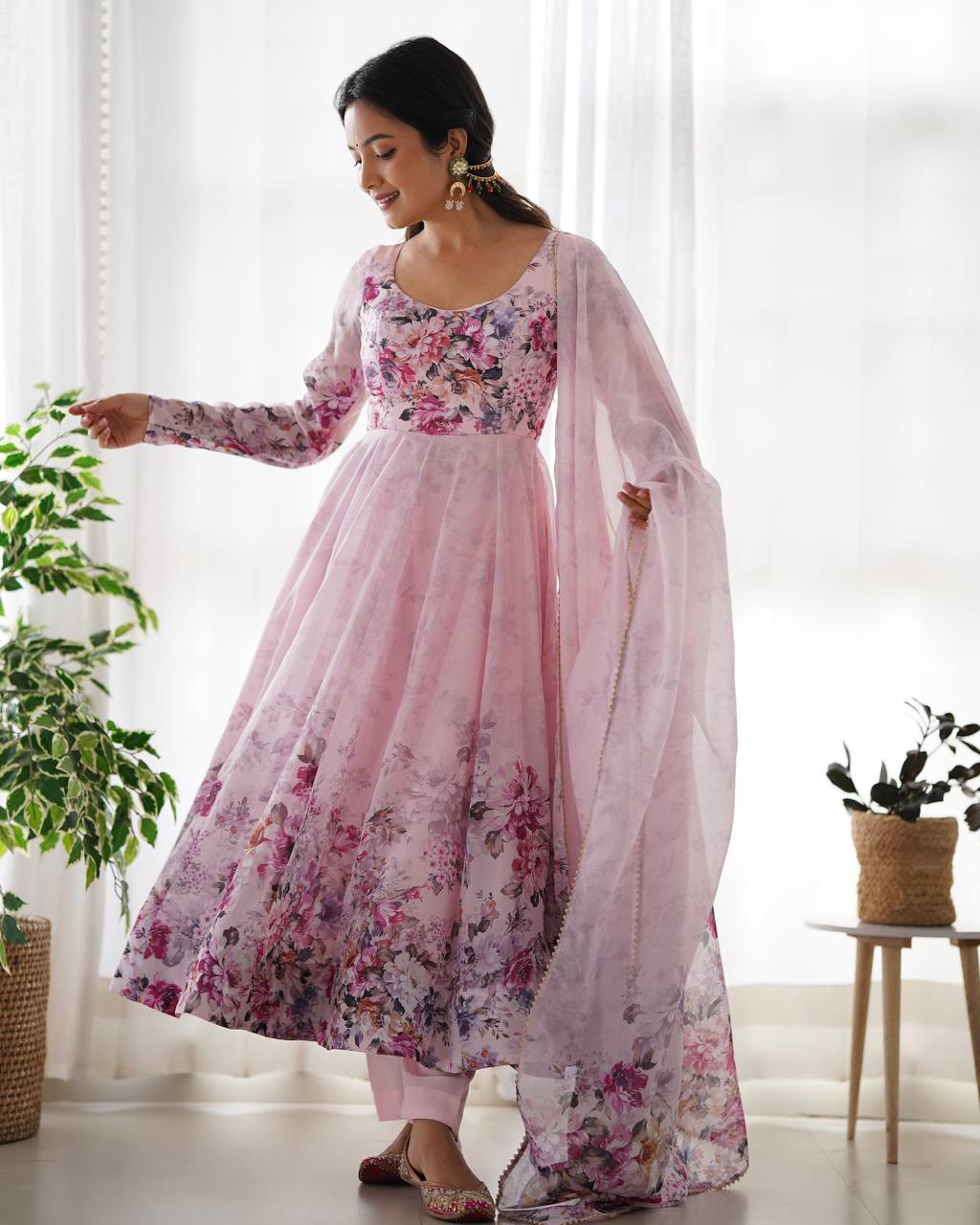 Women's Soft Organza Silk Printed Anarkali Pant Dupatta Set with Kali Pattern